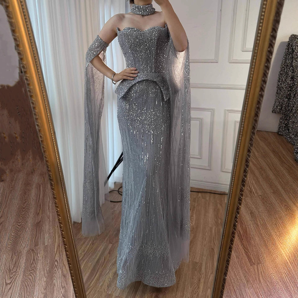 Luxury Gray Beaded Evening Dress with Detachable Sleeves LA73076