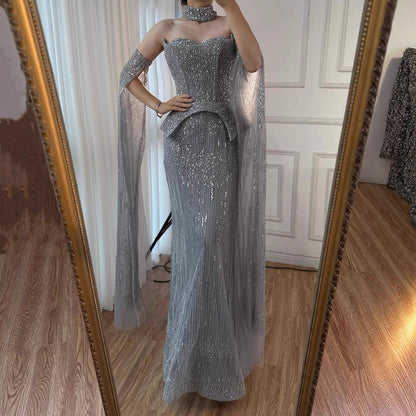 Luxury Gray Beaded Evening Dress with Detachable Sleeves LA73076