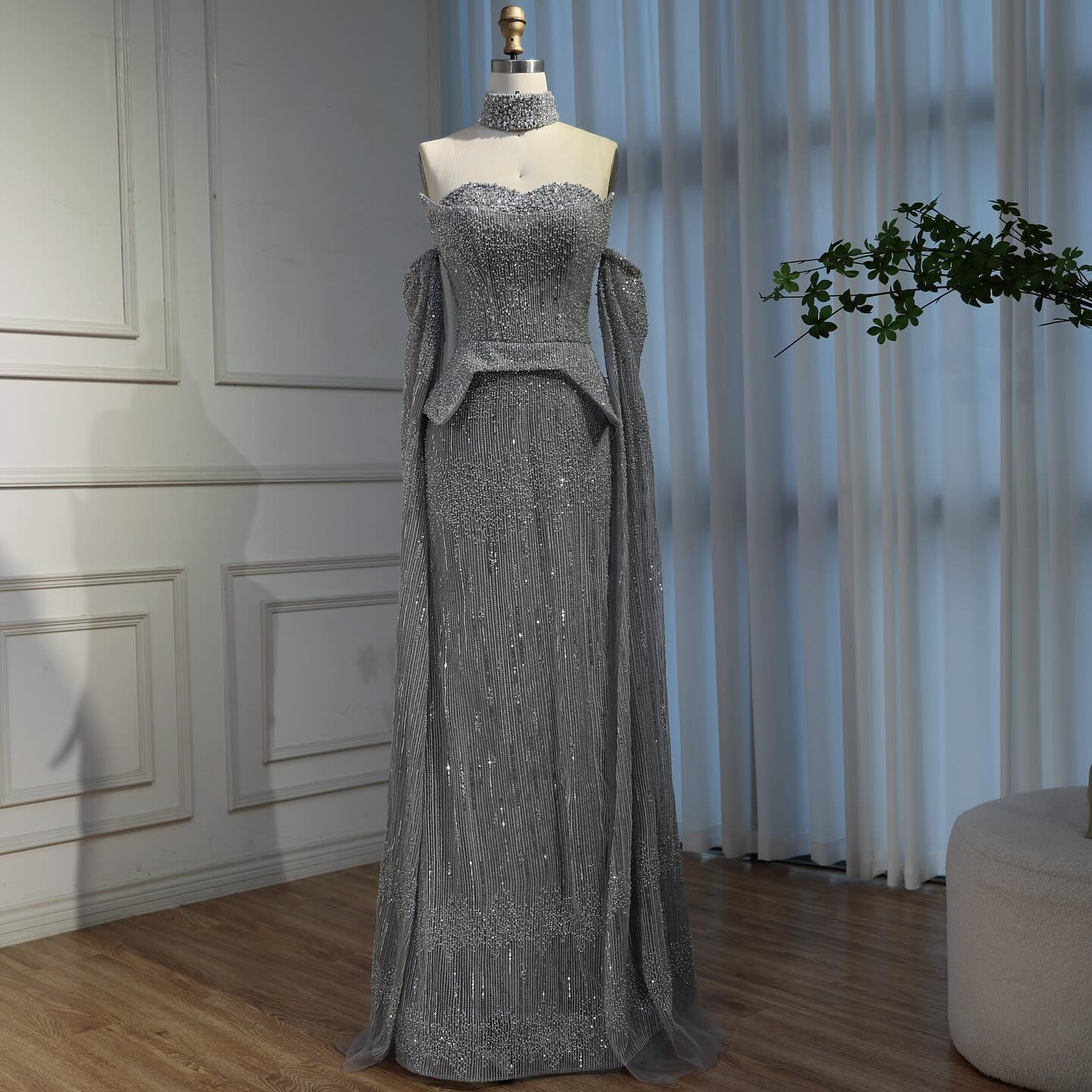 Luxury Gray Beaded Evening Dress with Detachable Sleeves LA73076