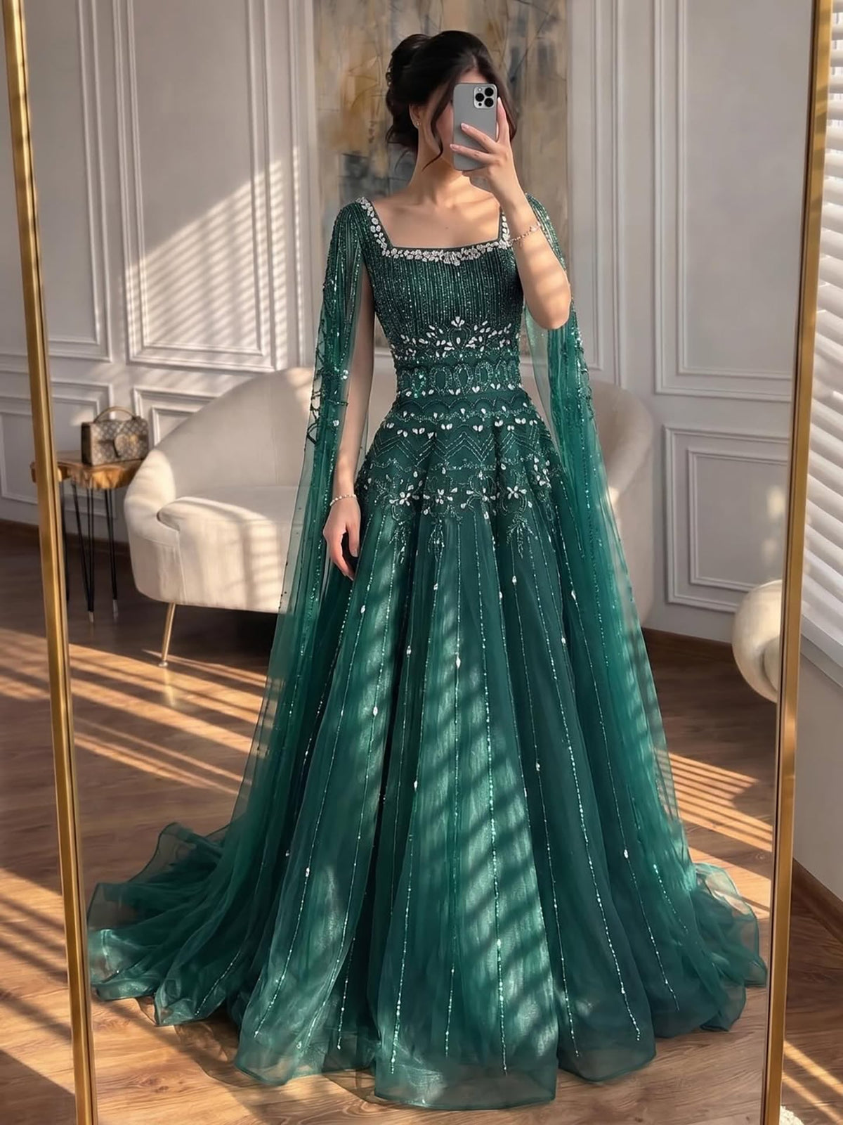 Caramel Beaded A-Line Evening Dress with Cape Sleeves LA73089A