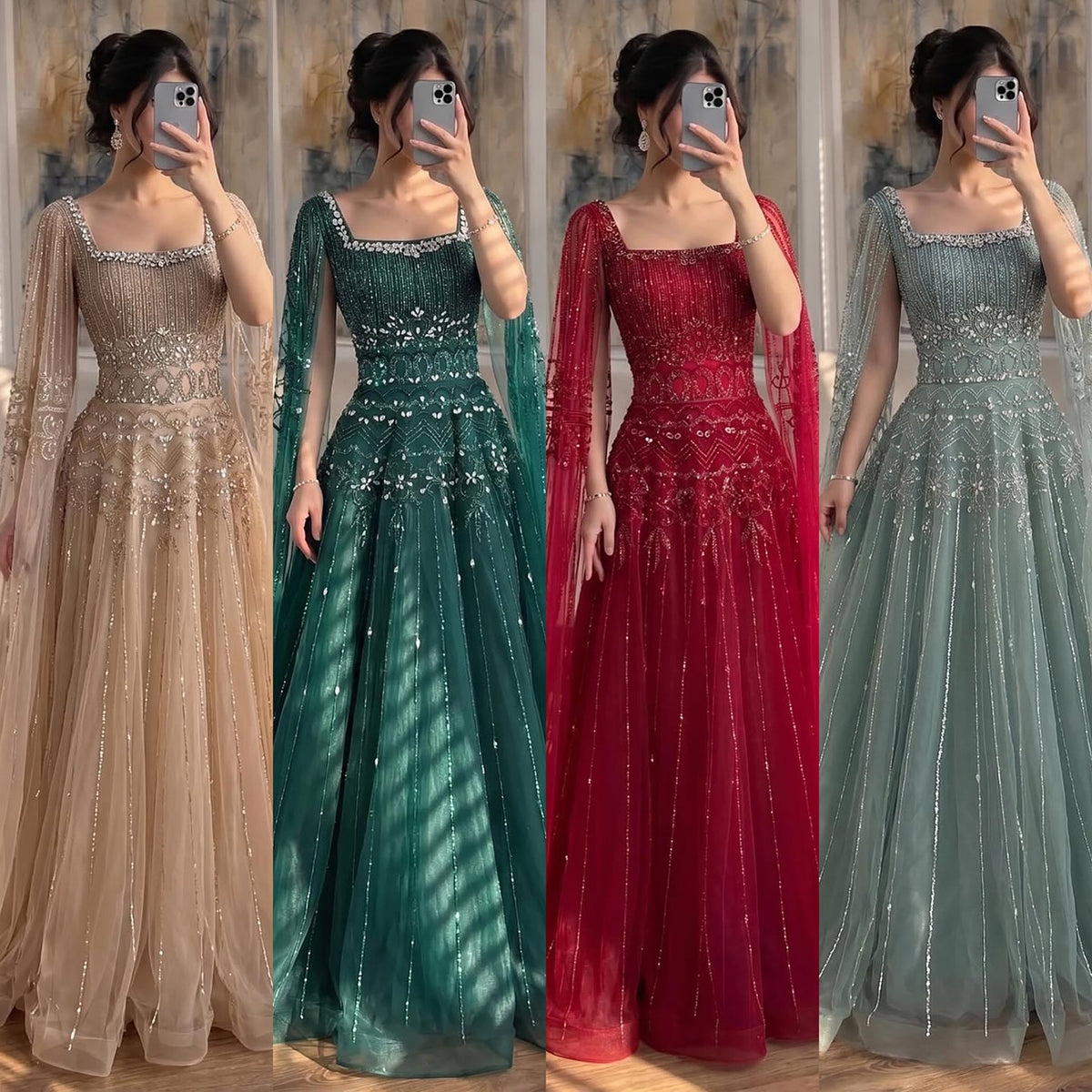 Caramel Beaded A-Line Evening Dress with Cape Sleeves LA73089A