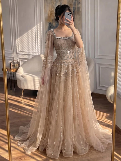 Caramel Beaded A-Line Evening Dress with Cape Sleeves LA73089A