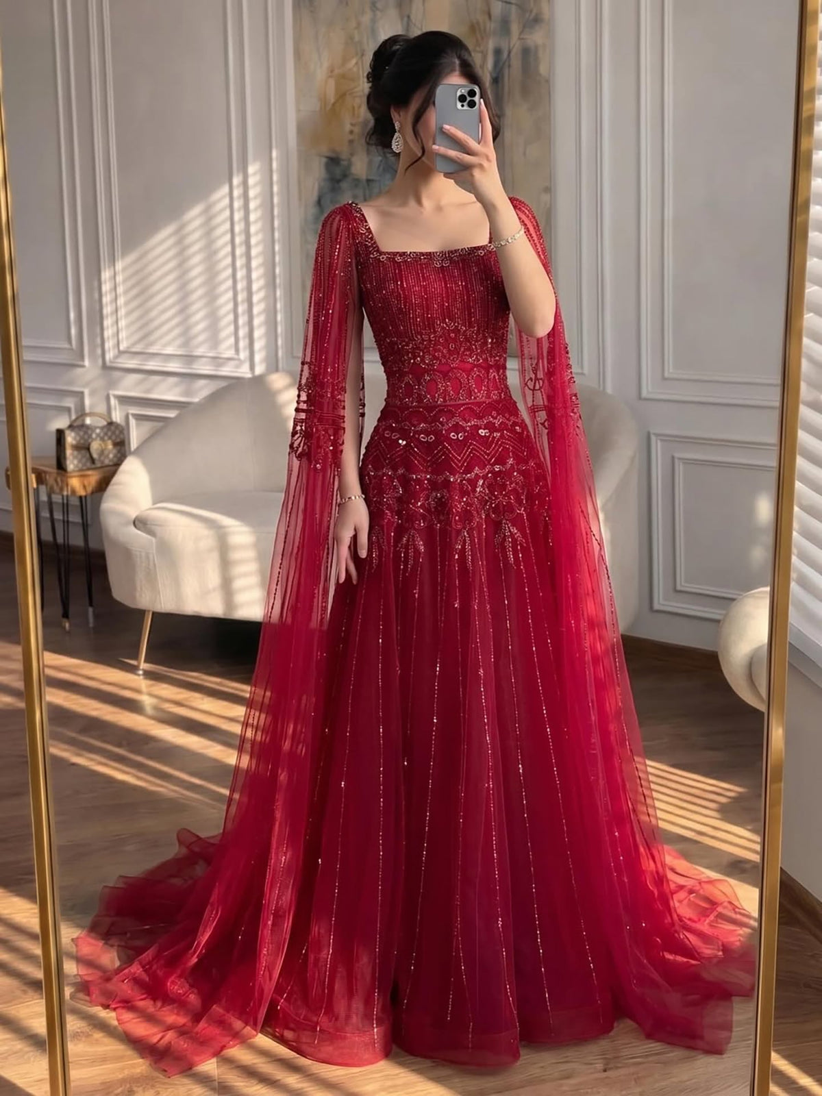 Caramel Beaded A-Line Evening Dress with Cape Sleeves LA73089A