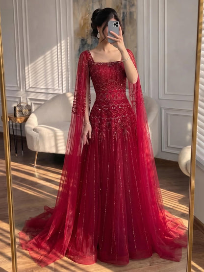 Caramel Beaded A-Line Evening Dress with Cape Sleeves LA73089A