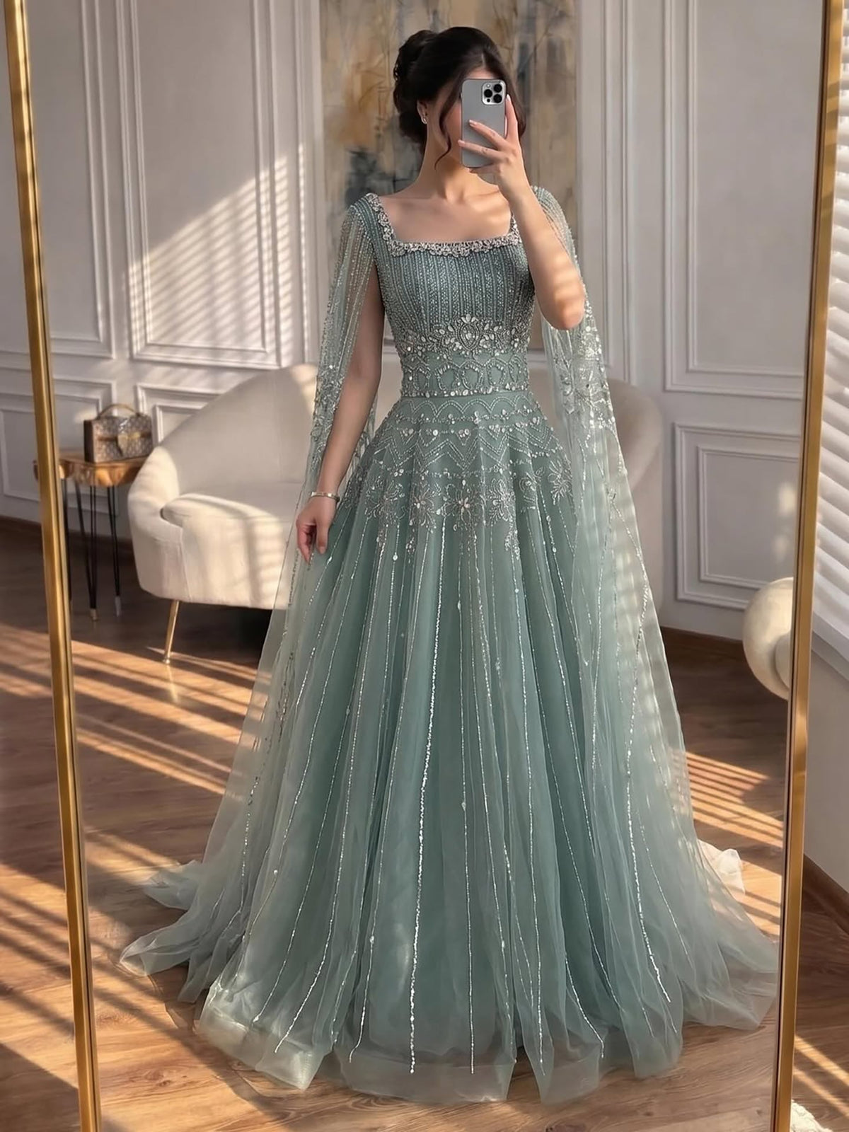 Caramel Beaded A-Line Evening Dress with Cape Sleeves LA73089A