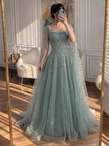Caramel Beaded A-Line Evening Dress with Cape Sleeves LA73089A