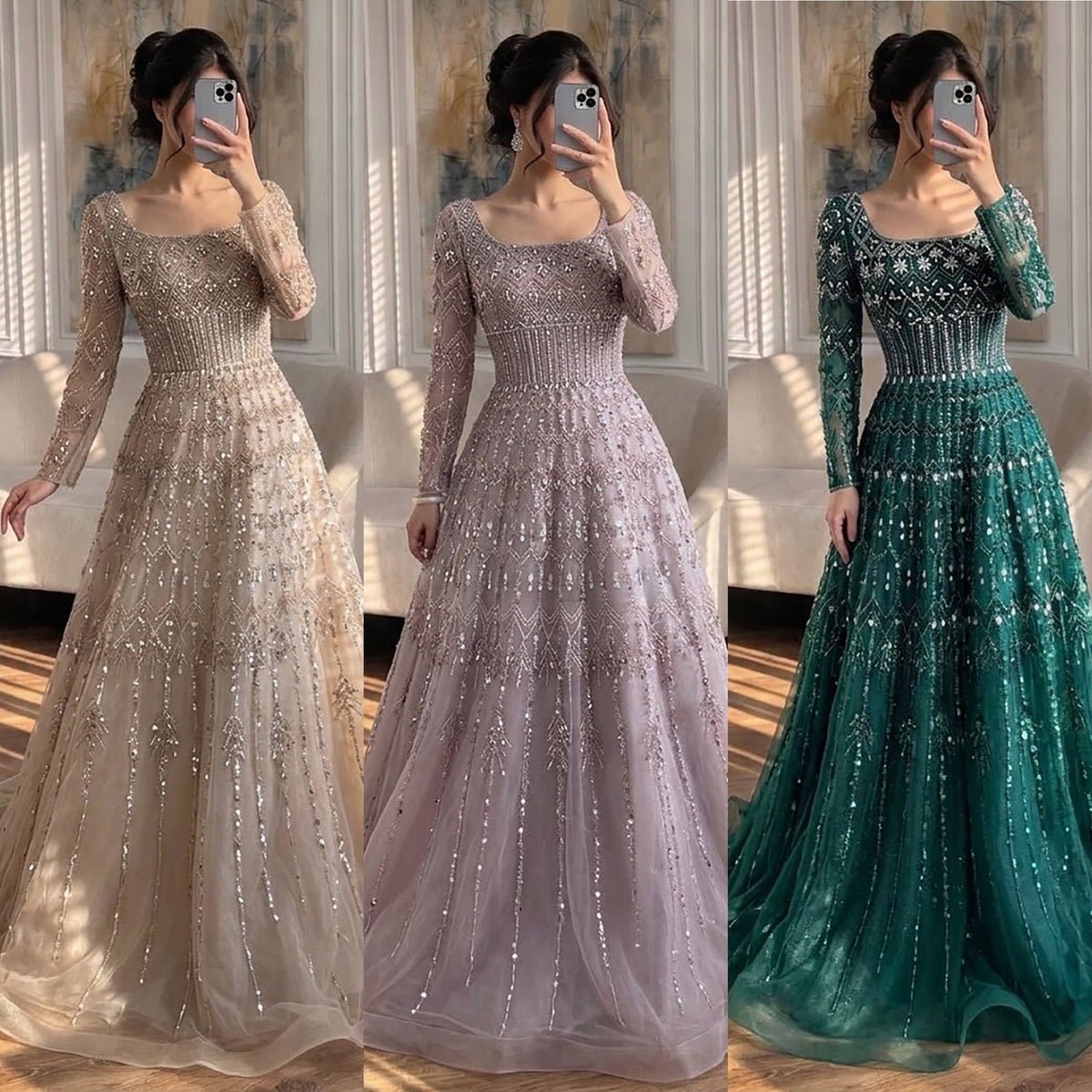 Luxury Caramel Square Neck Beaded A Line Evening Dress with Long Sleeves LA73089B