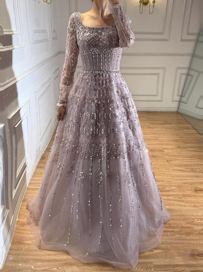 Luxury Caramel Square Neck Beaded A Line Evening Dress with Long Sleeves LA73089B