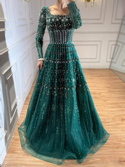 Luxury Caramel Square Neck Beaded A Line Evening Dress with Long Sleeves LA73089B