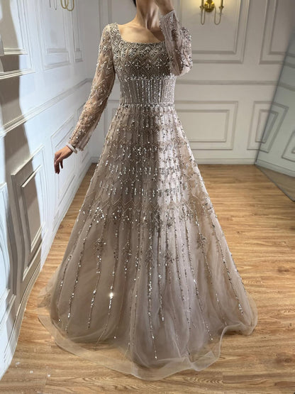 Luxury Caramel Square Neck Beaded A Line Evening Dress with Long Sleeves LA73089B