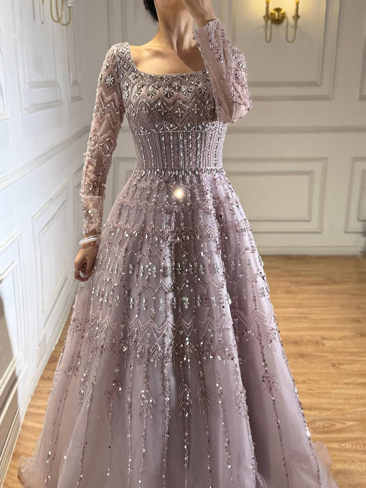 Luxury Caramel Square Neck Beaded A Line Evening Dress with Long Sleeves LA73089B