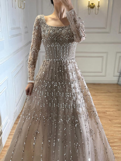 Luxury Caramel Square Neck Beaded A Line Evening Dress with Long Sleeves LA73089B