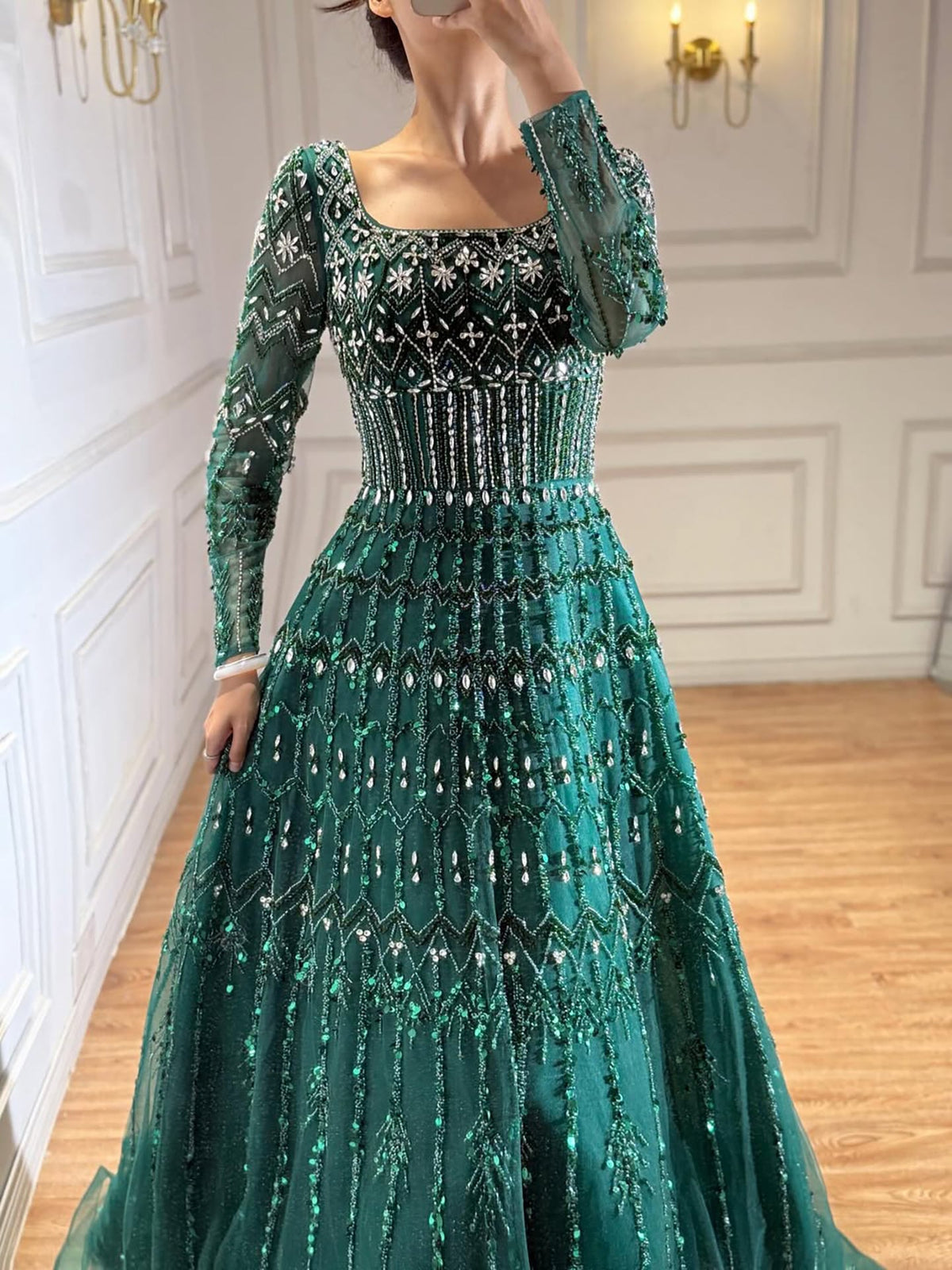 Luxury Caramel Square Neck Beaded A Line Evening Dress with Long Sleeves LA73089B