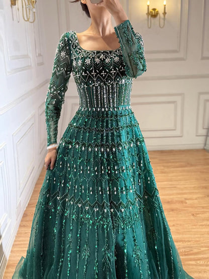 Luxury Caramel Square Neck Beaded A Line Evening Dress with Long Sleeves LA73089B