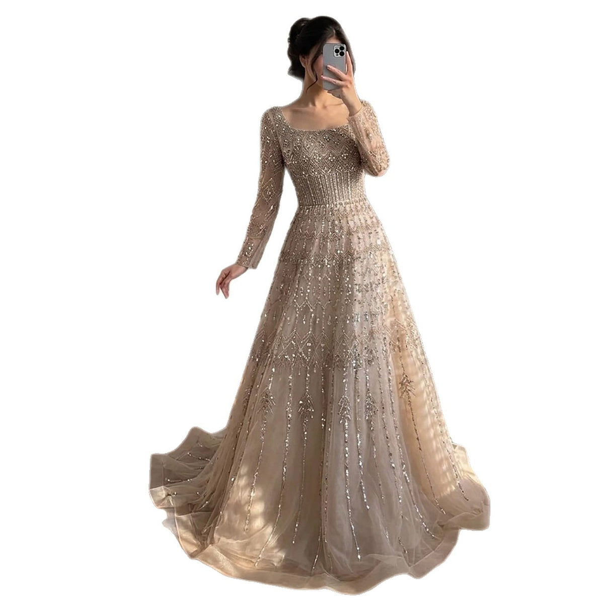 Luxury Caramel Square Neck Beaded A Line Evening Dress with Long Sleeves LA73089B