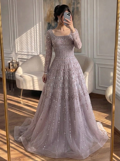 Luxury Caramel Square Neck Beaded A Line Evening Dress with Long Sleeves LA73089B