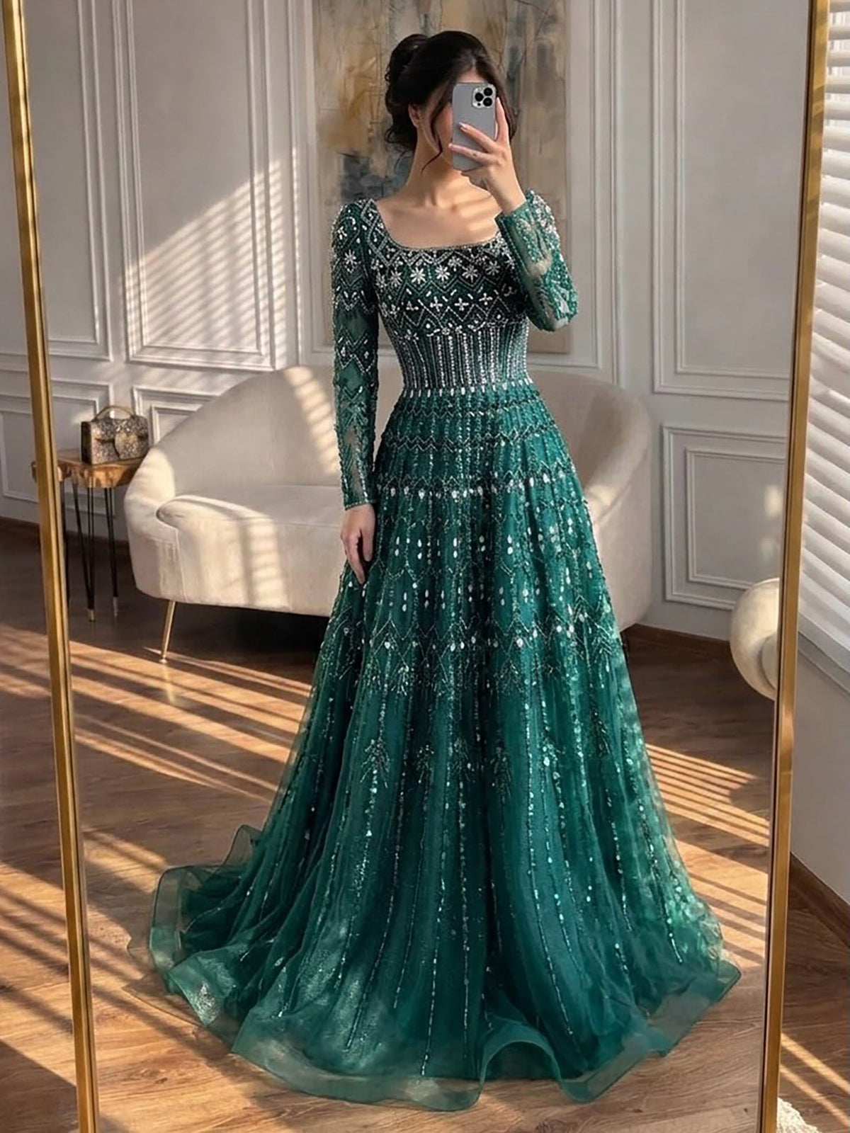 Luxury Caramel Square Neck Beaded A Line Evening Dress with Long Sleeves LA73089B