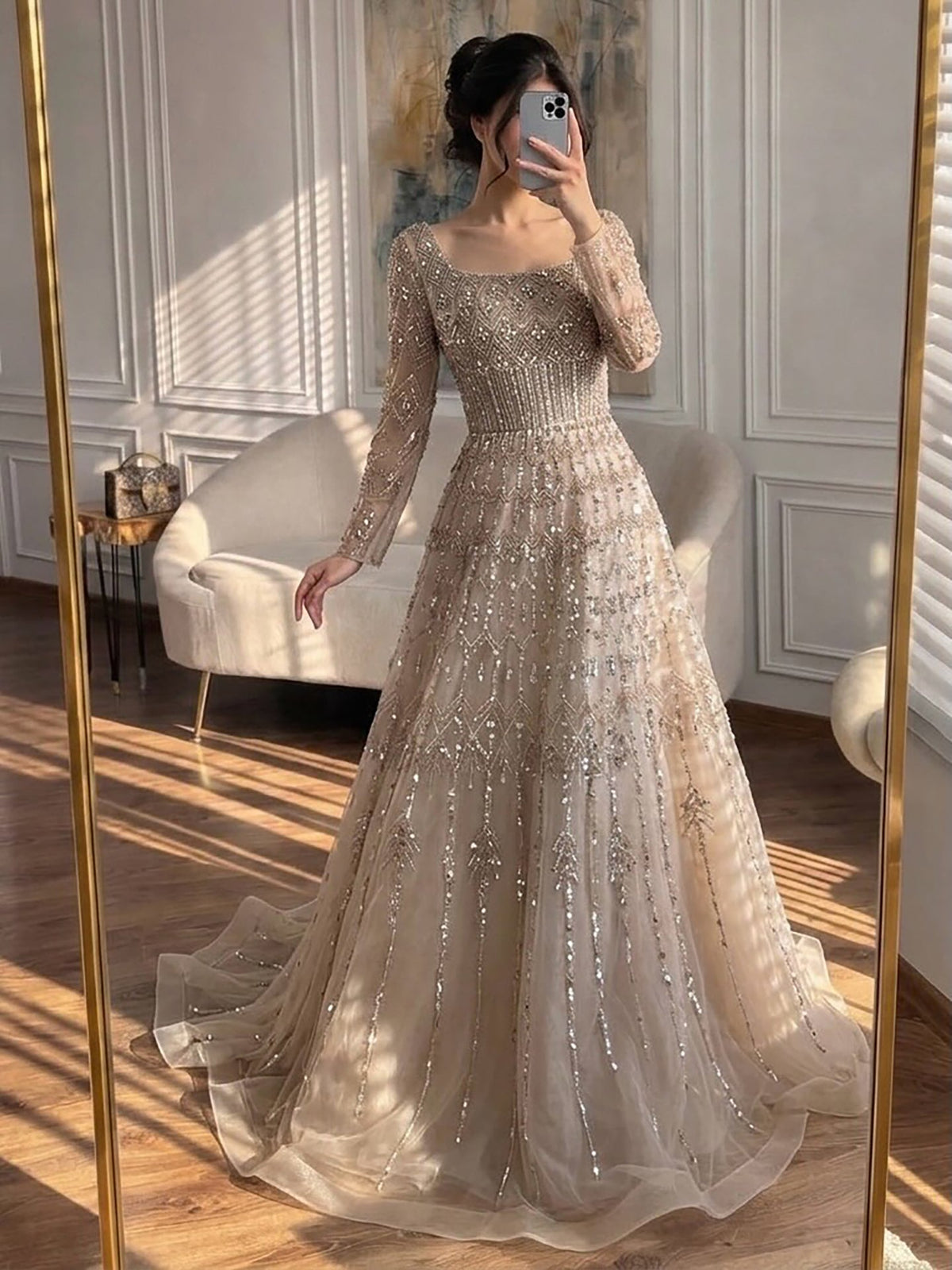 Luxury Caramel Square Neck Beaded A Line Evening Dress with Long Sleeves LA73089B
