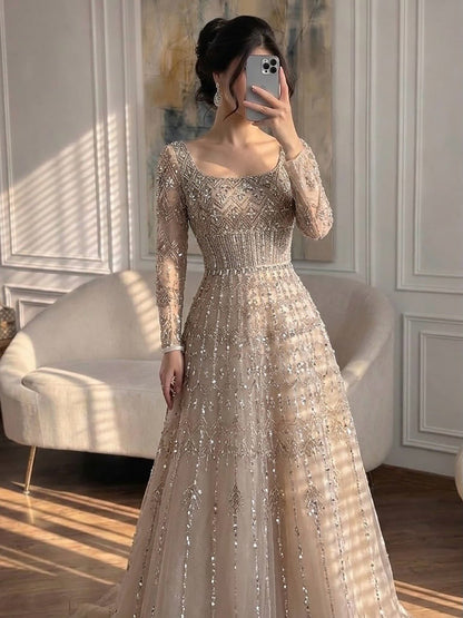 Luxury Caramel Square Neck Beaded A Line Evening Dress with Long Sleeves LA73089B