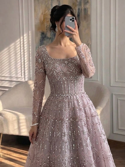 Luxury Caramel Square Neck Beaded A Line Evening Dress with Long Sleeves LA73089B