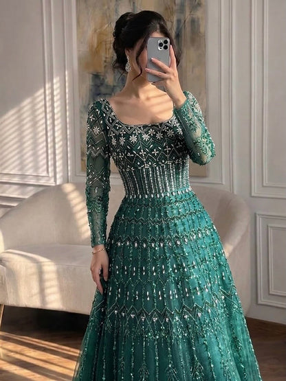 Luxury Caramel Square Neck Beaded A Line Evening Dress with Long Sleeves LA73089B