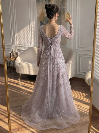 Luxury Caramel Square Neck Beaded A Line Evening Dress with Long Sleeves LA73089B
