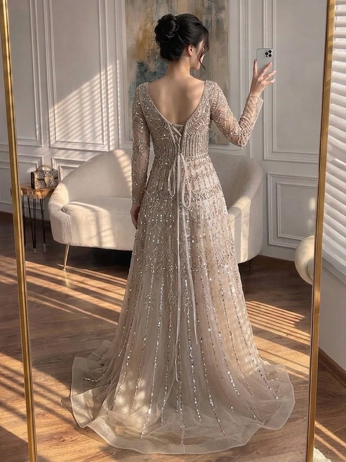 Luxury Caramel Square Neck Beaded A Line Evening Dress with Long Sleeves LA73089B