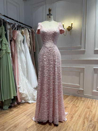 Luxury Pink Floral Appliqué Evening Dress with Open Back LA73119