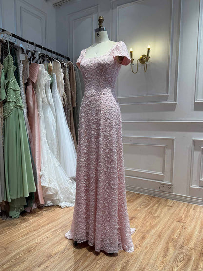 Luxury Pink Floral Appliqué Evening Dress with Open Back LA73119