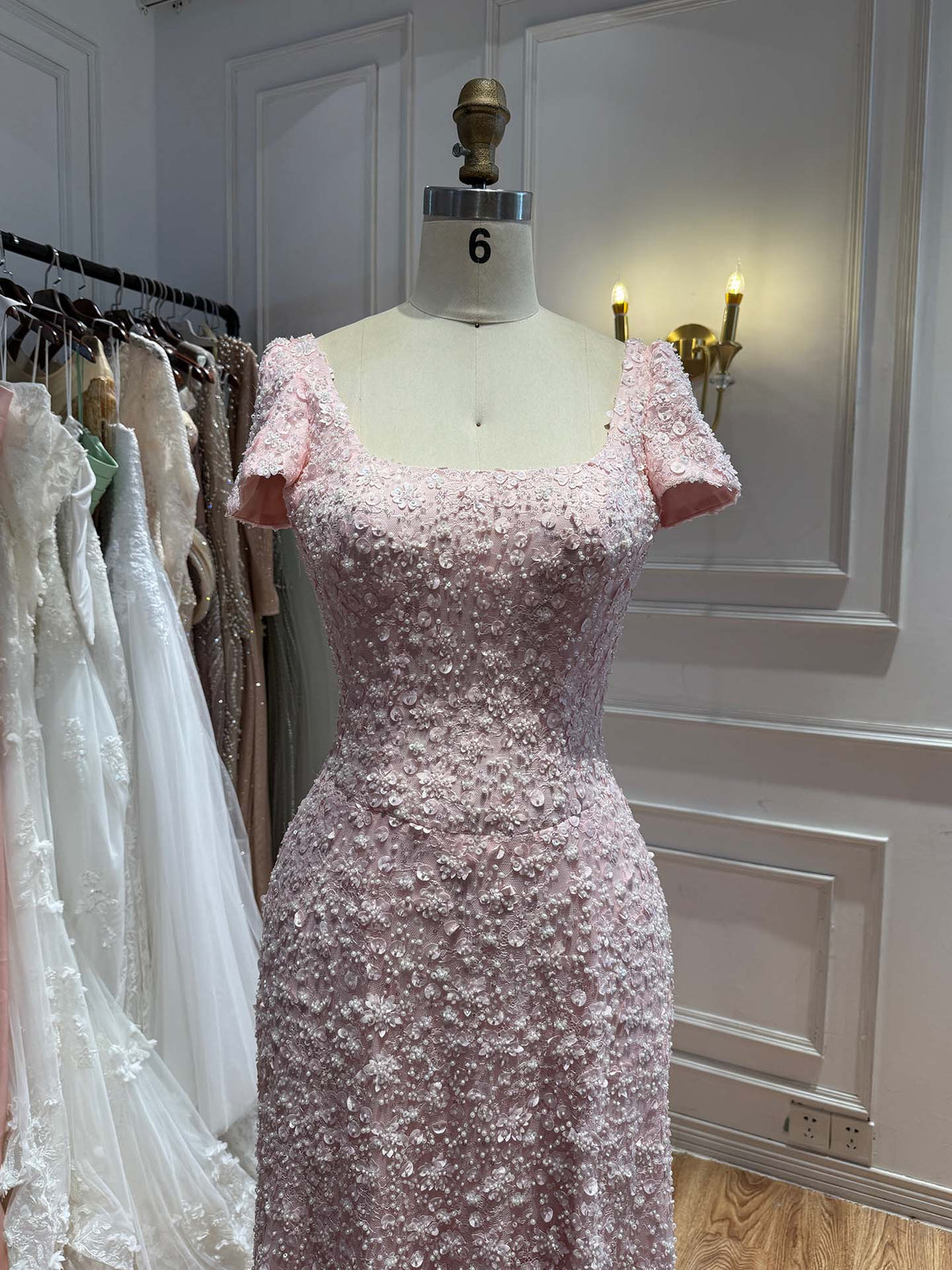 Luxury Pink Floral Appliqué Evening Dress with Open Back LA73119
