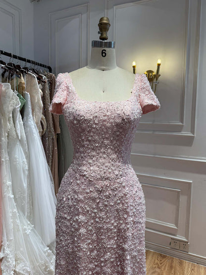 Luxury Pink Floral Appliqué Evening Dress with Open Back LA73119