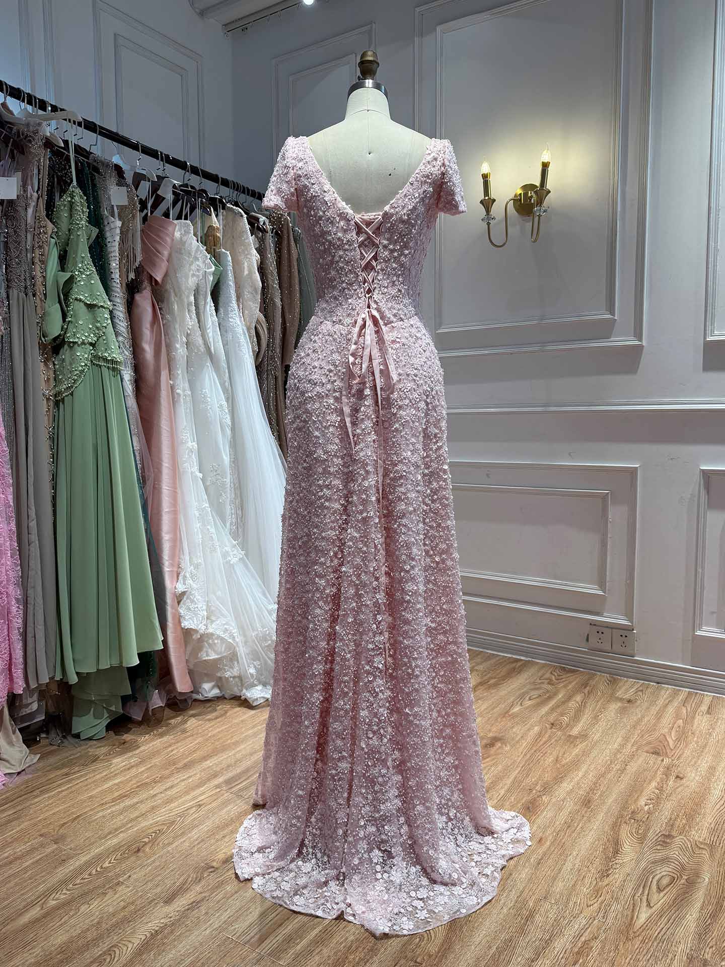 Luxury Pink Floral Appliqué Evening Dress with Open Back LA73119
