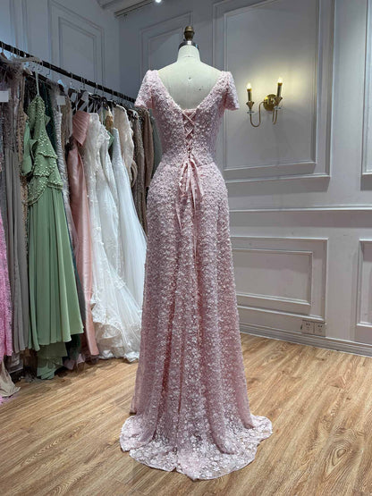 Luxury Pink Floral Appliqué Evening Dress with Open Back LA73119