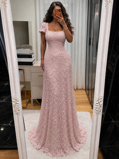 Luxury Pink Floral Appliqué Evening Dress with Open Back LA73119