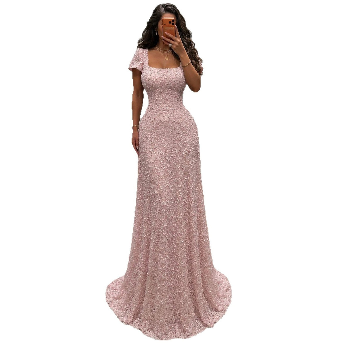 Luxury Pink Floral Appliqué Evening Dress with Open Back LA73119