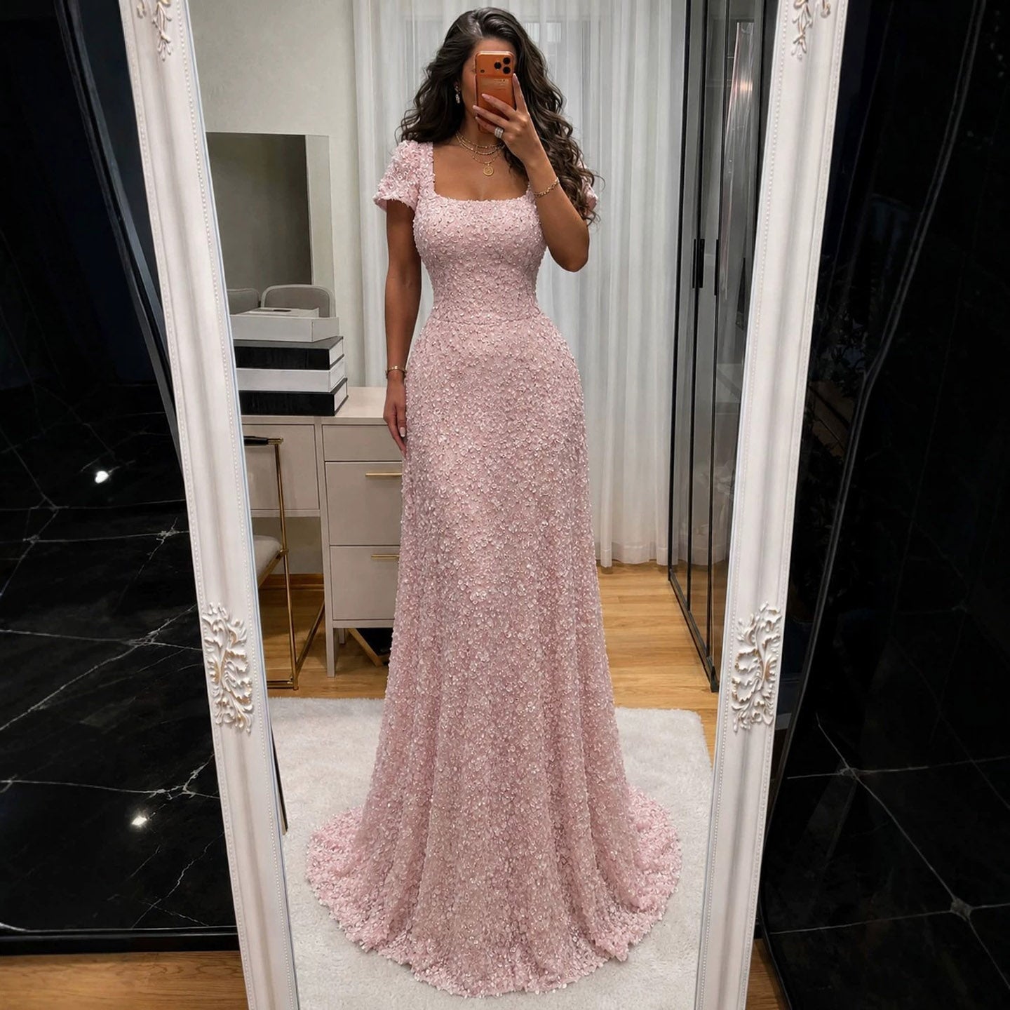 Luxury Pink Floral Appliqué Evening Dress with Open Back LA73119
