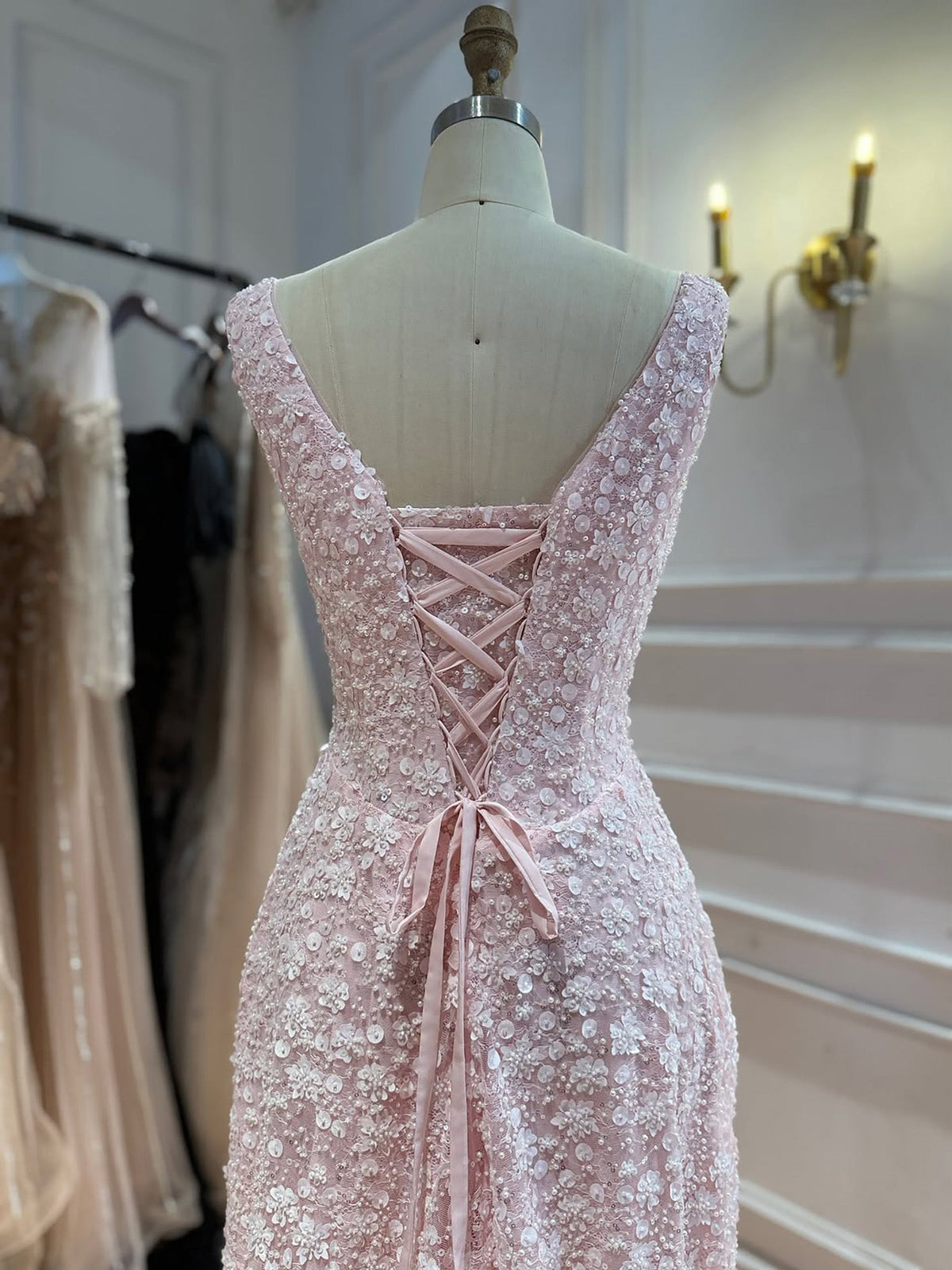Luxury Pink 3D Floral Beaded A-Line Evening Dress LA73119A