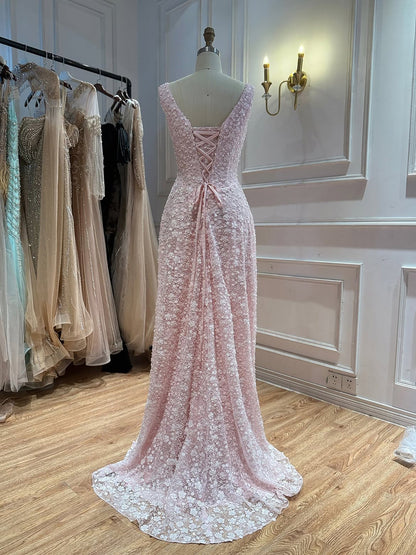 Luxury Pink 3D Floral Beaded A-Line Evening Dress LA73119A