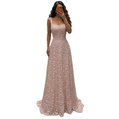 Luxury Pink 3D Floral Beaded A-Line Evening Dress LA73119A