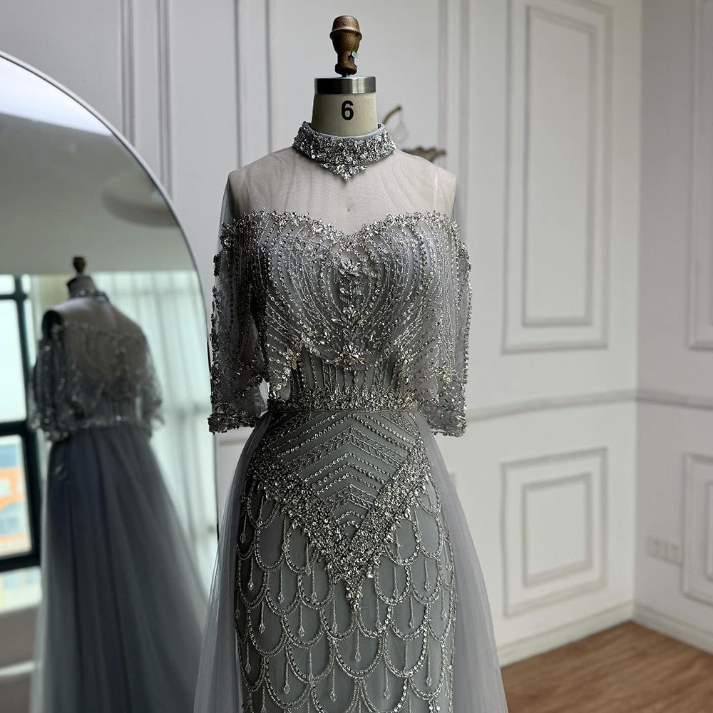 Luxury Nude Beaded Sleeveless Evening Dress with Cape LA73129