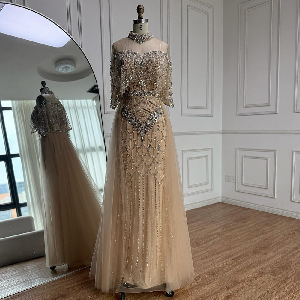 Luxury Nude Beaded Sleeveless Evening Dress with Cape LA73129
