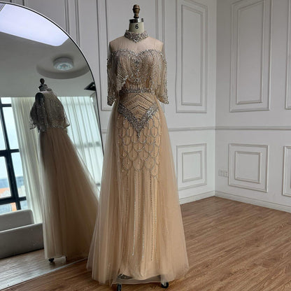 Luxury Nude Beaded Sleeveless Evening Dress with Cape LA73129
