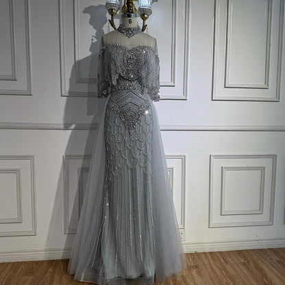 Luxury Nude Beaded Sleeveless Evening Dress with Cape LA73129
