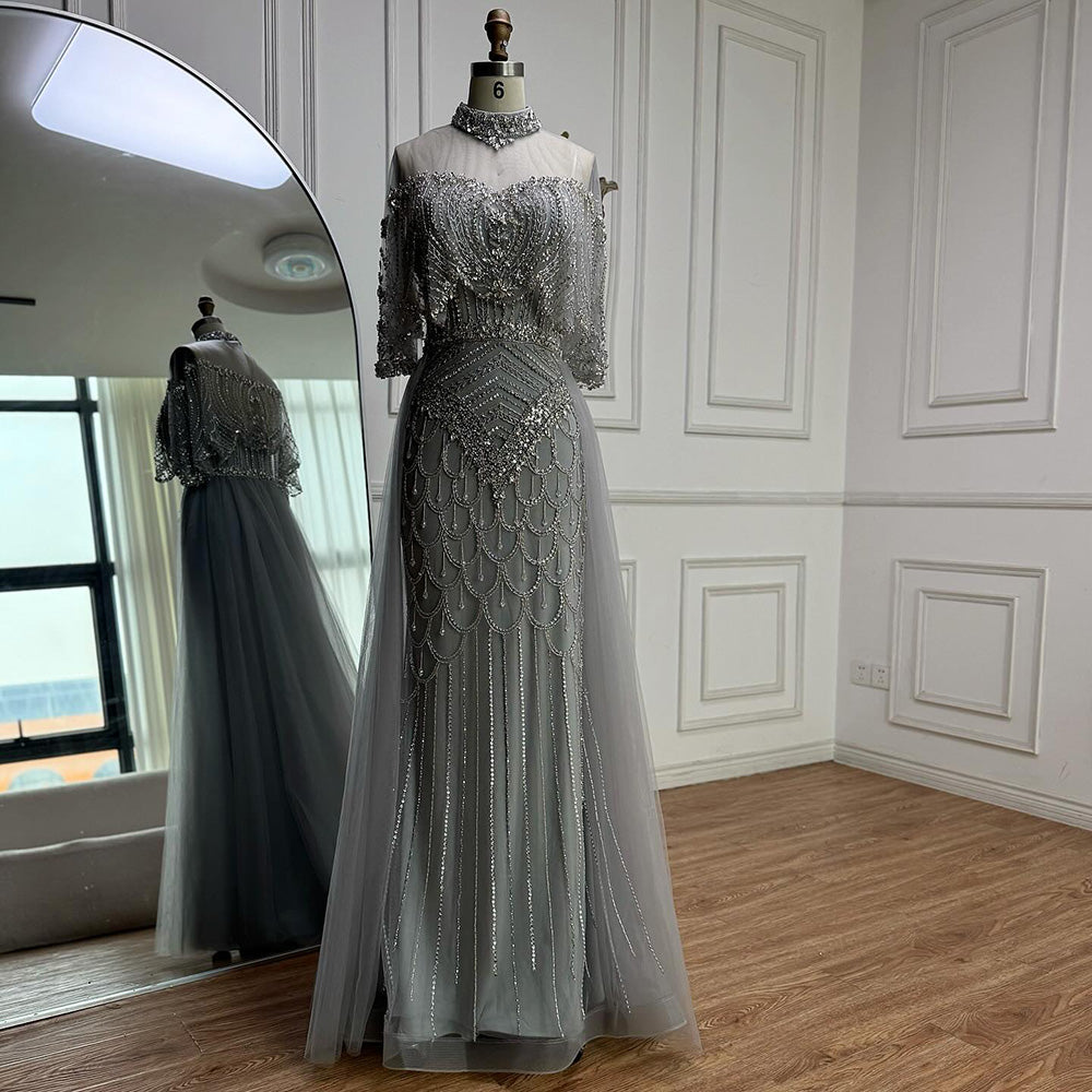Luxury Nude Beaded Sleeveless Evening Dress with Cape LA73129