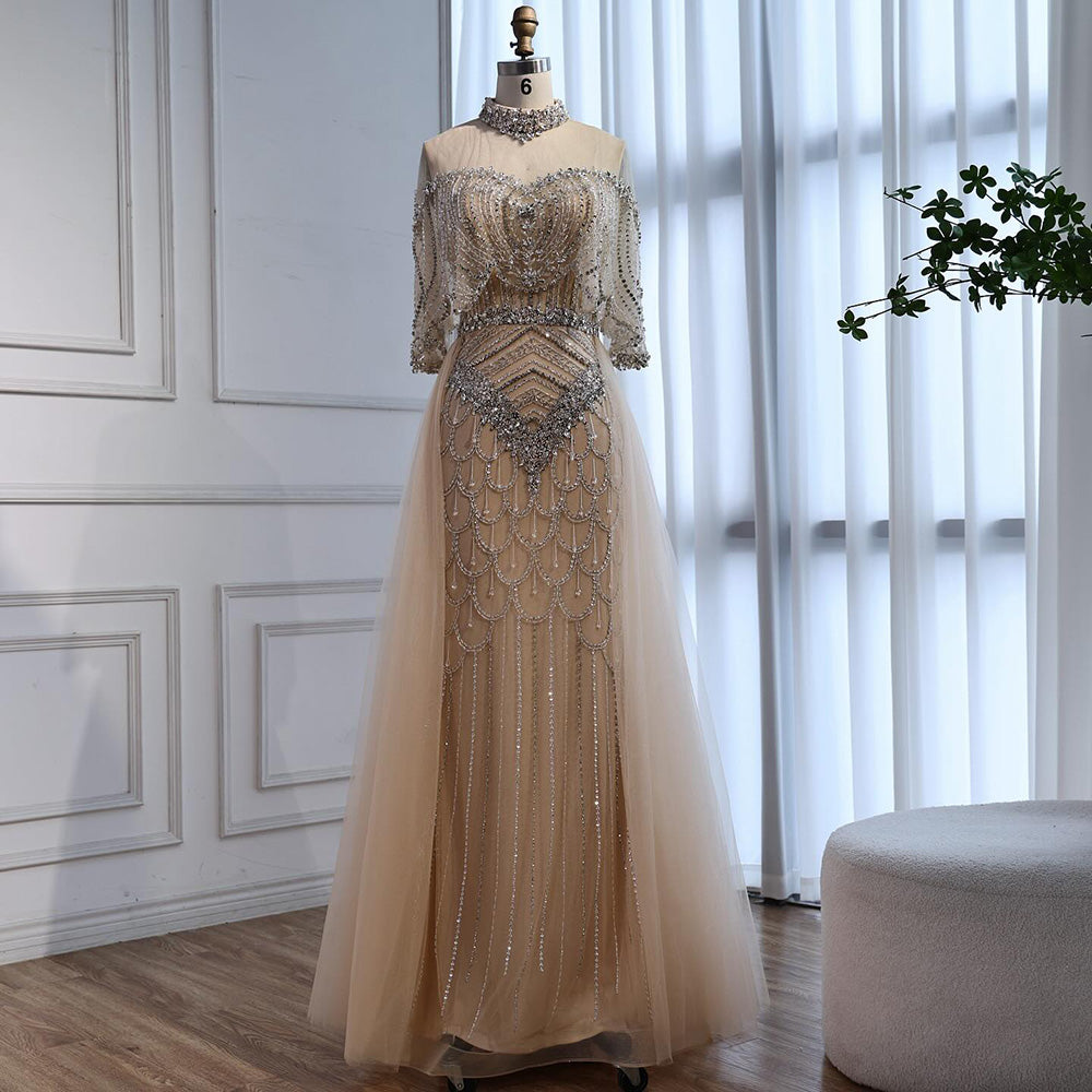 Luxury Nude Beaded Sleeveless Evening Dress with Cape LA73129