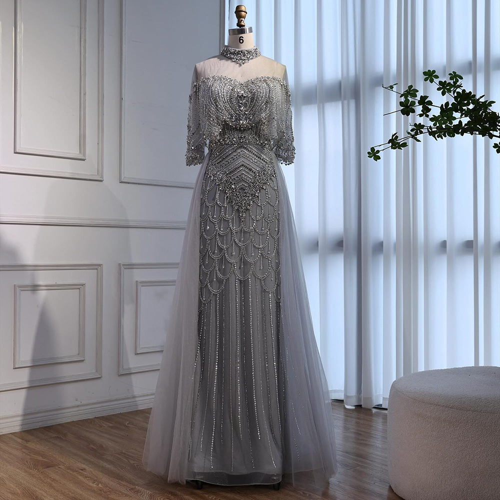 Luxury Nude Beaded Sleeveless Evening Dress with Cape LA73129