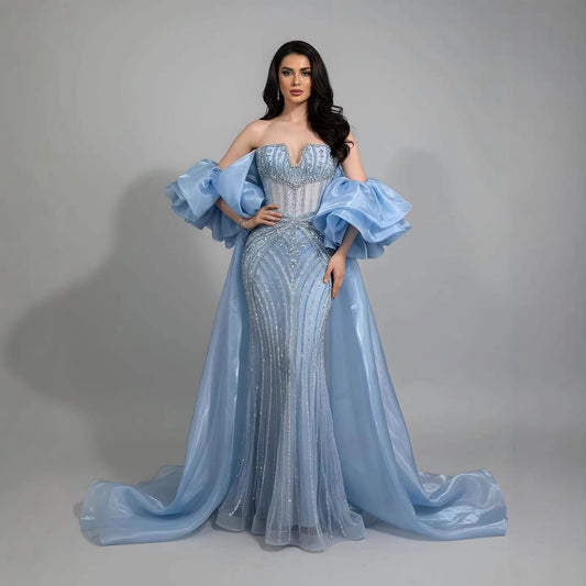 Luxury Blue Diamond Beaded Evening Dress with Ruffle Cape LA73141