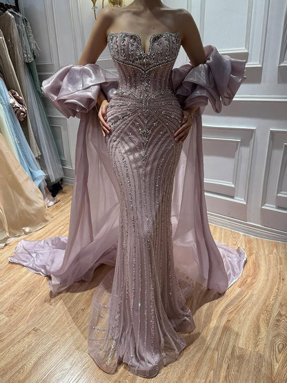 Luxury Blue Diamond Beaded Evening Dress with Ruffle Cape LA73141