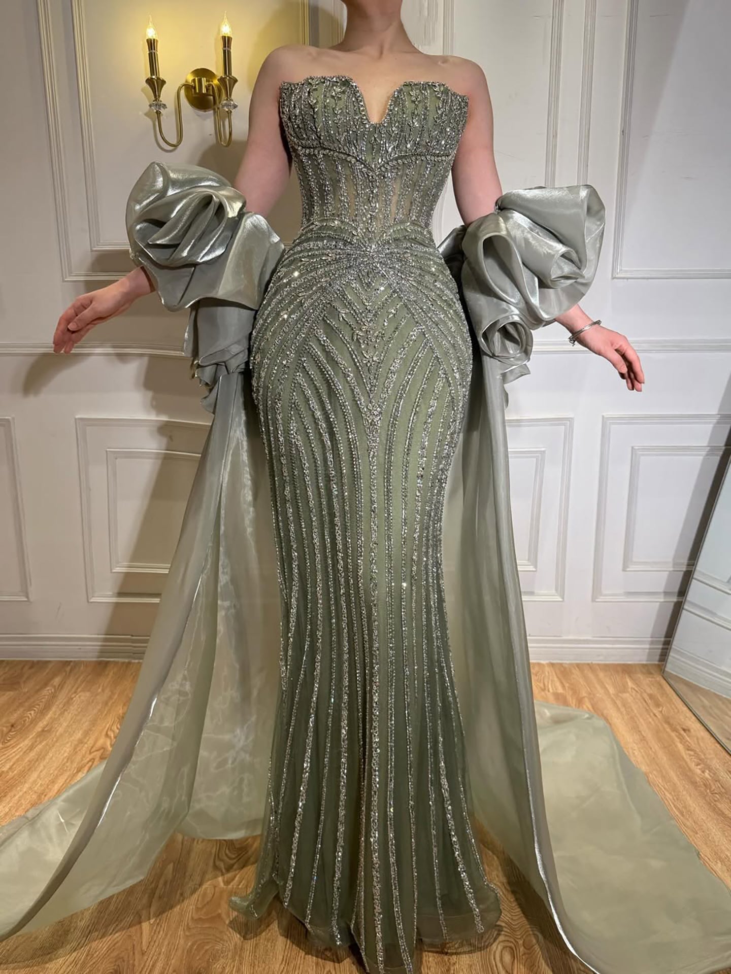 Luxury Blue Diamond Beaded Evening Dress with Ruffle Cape LA73141