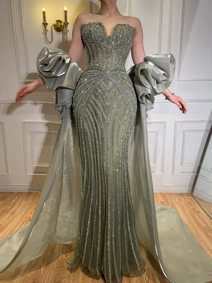 Luxury Blue Diamond Beaded Evening Dress with Ruffle Cape LA73141
